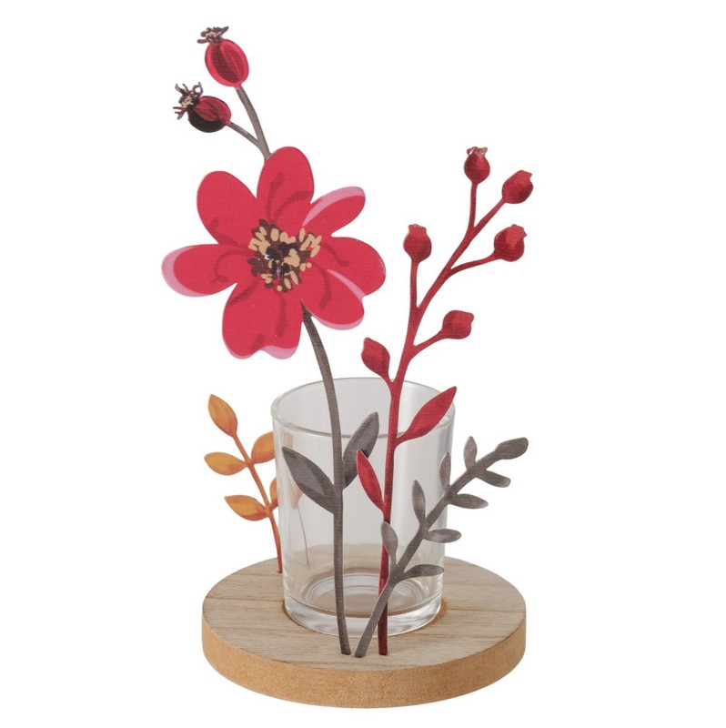 Portacandele in vetro con rosa canina in metallo su base di legno in 2 varianti assortite, perfetto come decoro autunnale
